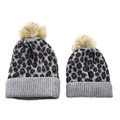 Grey leopard print knit beanies for parent and child with faux fur pom poms - Gray-Parent-Child Set