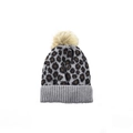 Leopard print knit beanie with grey ribbed cuff and a fluffy pom-pom for winter - Gray-Kids