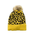 Yellow leopard print knitted beanie with a brown faux fur pom pom and ribbed cuff - Yellow-Adult