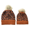 Leopard print knit beanie set with orange base and faux fur pompom for parent and child - Orange-Parent-Child Set