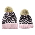 Close-up of pink leopard print knit beanie set with fluffy faux fur pom poms - Pink-Parent-Child Set