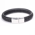 Minimalistisches schwarzes Lederarmband mit poliertem silbernem Magnetverschluss aus Metall - Stahlverschluss Schwarzes Leder Weiße Naht