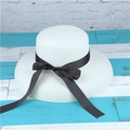 Elegant wide brim straw hat with black satin ribbon and bow for summer beach vacation - Bow Style M(56-58cm) / White
