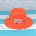 Orange woven straw sun hat with floral vine decoration for beach summer holidays - M (56-58cm) / Orange