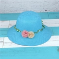 Sky blue woven straw sun hat for women featuring pink fabric floral garland decoration - M (56-58cm) / Sky Blue