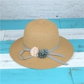 Chapeau de soleil en paille naturelle avec ruban à pois gris et fleurs pour femmes - M (56-58cm) / Khaki