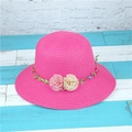 Hot pink straw sun hat for women featuring a floral garland with fabric flowers - M (56-58cm) / Rose Red