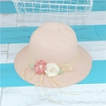 Pink straw sun hat with decorative fabric flowers and green leaves for beach trips - Child S / Single Hat / Light Pink