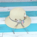 Kids beige straw sun hat with grey polka dot ribbon and colorful caterpillar toy - Single Hat / Beige