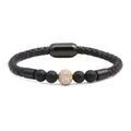 Men's black braided leather bracelet with lava beads, zircon pavé ball and magnetic clasp - Frosted Stone + Gold White Zircon Ball (14)