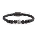 Detail of men's leather braided bracelet with lava stone beads and magnetic metal clasp - Leather/Lava Stone/Stainless Steel/Zirconia / Lava Stone + Platinum Zirconia Ball (12)