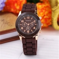 Geneva fashion quartz watch with dark brown silicone strap and rose gold case - Black