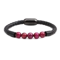 Braided leather bracelet with 8mm pink tiger eye beads and black magnetic clasp - Leather/Synthetic Stone/Stainless Steel / Rose Red Beads