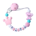 Pink and mint green silicone baby pacifier clip with cartoon koala and crown beads - Pink