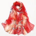 Elegant red long silk scarf with Chinese lotus floral print on semi-transparent fabric - 160cm / Magnolia Red