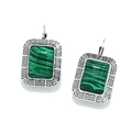 Bohemian silver drop earrings with rectangular green malachite stones and Greek key patterns - Greek Key Rectangle Green Malachite