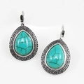 Bohemian silver drop earrings with turquoise stones and Greek key pattern detail - Greek Key Teardrop Green Turquoise