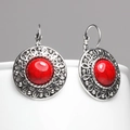 Bohemian retro silver drop earrings featuring round red turquoise and vintage carvings - Hollow Round Red Turquoise