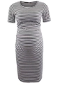 Short sleeve maternity dress featuring grey and white horizontal stripes and side ruching - Dark Gray Stripes