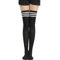 Classic black thigh high socks with three white stripes in soft cotton blend material - L (Height 52cm) / Black Background White Stripes