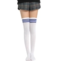 Over-knee long thigh-high socks in white with three classic blue stripes finish - L (Height 52cm) / White Background Blue Stripes