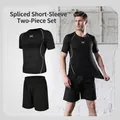 Men's black athletic compression short sleeve shirt and shorts set for running training - S / Top And Bottom / Skinny Fit / Black