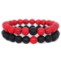 Red textured and black matte 8mm stone bead bracelet set for couples with elastic cord - Red and Black Matte Set / Red Black