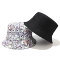 Detail of a black bucket hat and one with a dollar bill graffiti print pattern - M (56-58cm) / Multicolor Reversible Dollar Graffiti