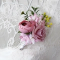 Wedding boutonniere with pink rose, purple flowers and golden ribbon on lace - Vintage Pink Purple Boutonniere