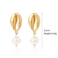 Golden conch shell earrings with white pearl drop pendant and size markings - Gold Conch Artificial Pearl Style (E1903-27)