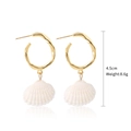 Bohemian style gold-tone ring earrings with natural white seashell pendants and size info - Streamlined Ring Scallop Style (E1903-22)