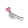 Detailed view of punk skeleton hand enamel pin holding a pink heart lollipop - White Skeleton Hand/Purple Heart Lollipop