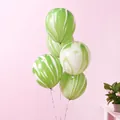 Close-up of five green and white marble agate latex balloons with hanging strings - 12 Inch / Green Agate Pattern