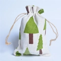Beige cotton drawstring bag with green and brown Christmas tree patterns and hemp rope - Green Tree