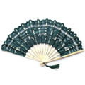 Detail of dark green lace fabric and bamboo ribs on a vintage folding fan with tassel - 27CM White Rib Dark Green
