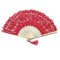 Red lace folding fan with bamboo frame and matching tassel on a clean white background - 27CM White Rib Bright Red