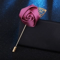 Elegant purple satin rose flower brooch with golden hollow leaf detail on long pin - Purplish Red