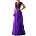 Elegant purple V-neck sleeveless evening gown with sequined bodice and chiffon skirt - S / Purple