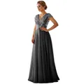 Elegant black evening gown with silver sequin embroidery and V-neck chiffon design - S / Black