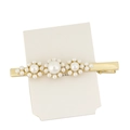 Elegant gold hair clip with white pearl flower design on a white display card - H184-7 (Three Pearl Flowers)