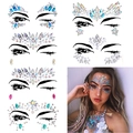 Detailed sheet of colorful facial rhinestone stickers with model wearing crystal gems - Set 01