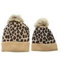Parent-child khaki leopard print knit hats set with faux fur pom-poms on white background - Camel-Parent-Child Set