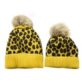 Matching parent and child yellow leopard print knit hats with brown faux fur pom-poms - Yellow-Parent-Child Set