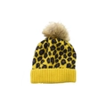 Yellow leopard print knit beanie for kids with a fluffy brown faux fur pom pom detail - Yellow-Kids
