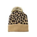 Adult size leopard print knit hat with khaki ribbed cuff and faux fur pom pom - Camel-Adult