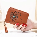 Brown PU leather mini wallet for women featuring a heart dandelion print and tassel charm - Brown
