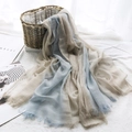 Lightweight beige and light blue cotton linen scarf with elegant fringe trim details - Light Blue + Light Khaki
