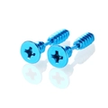 Close-up of metallic blue screw-shaped stud earrings with realistic thread details - Light Blue