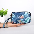 Women's triple zipper wallet in dark blue floral print with tropical leaf patterns - Cyan Leaf
