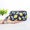 Three-layer navy blue wallet with lemon print and detachable wrist strap for women - Pineapple
